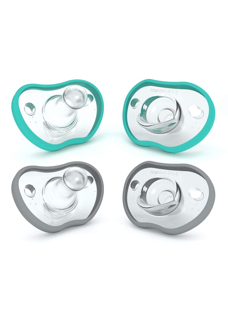 Baby Pacifiers 0-3 Month - Orthodontic, Curves Comfortably with Face Contour, Award Winning for Breastfeeding Babies, 100% Silicone, Baby Registry Gift 4pk,Teal/Grey